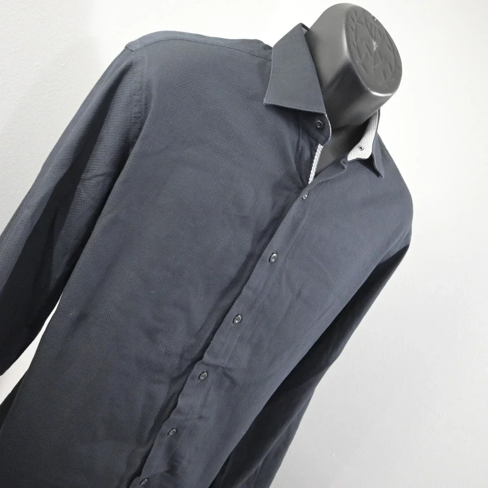 Hammer Made Dress Shirt Mens 42/16.5 Black Long Sleeve Button Up Patterned Trim